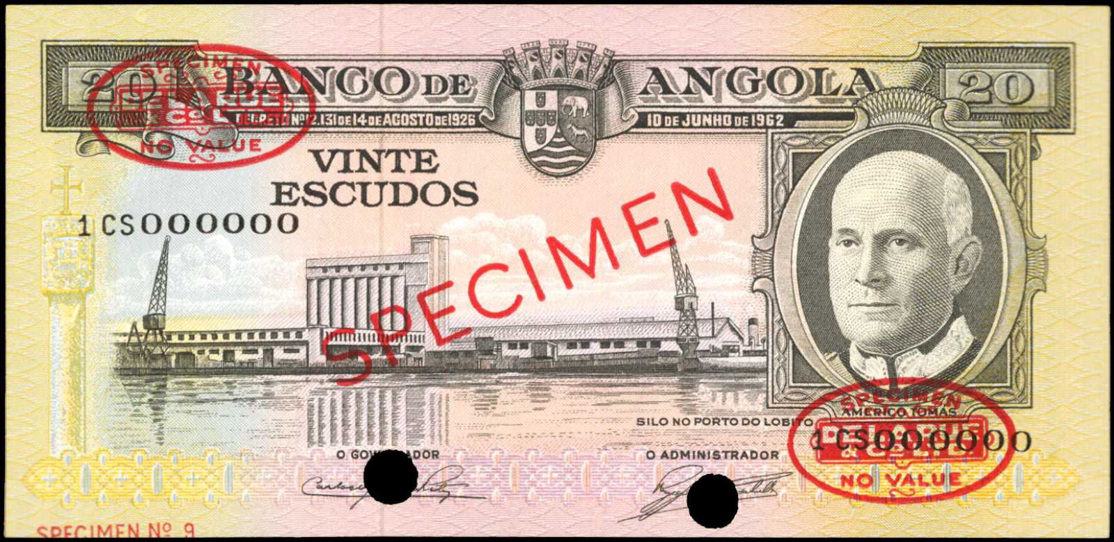 ANGOLA Banco De Angola 20 Escudos 1962 P 92s Specimen