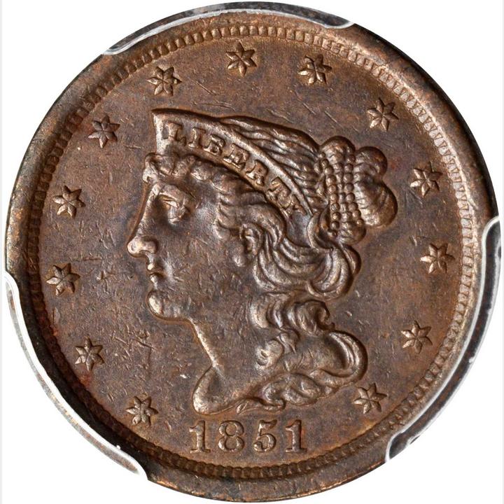 1851 Braided Hair Half Cent. C-1, the only known dies. Rarity-1. AU-53  (PCGS).