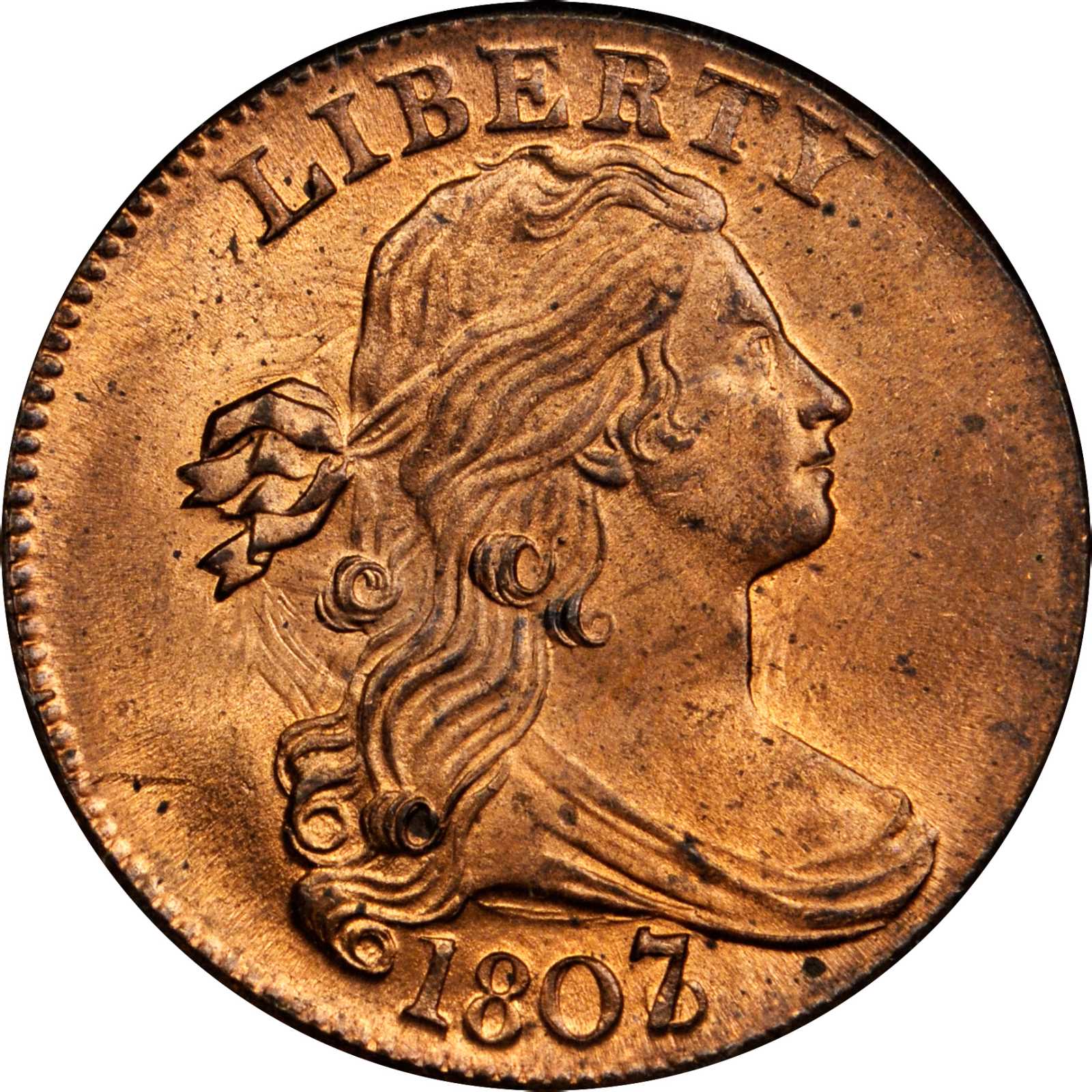 1807/6 Draped Bust Cent. S-273. Rarity-1. Large 7, Pointed 1. MS 