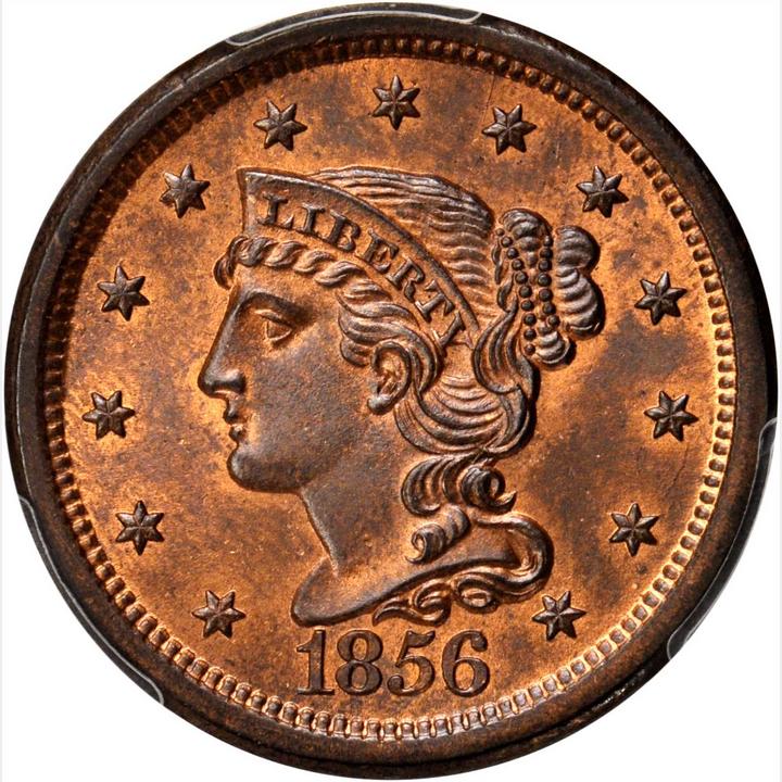 Download 1856 Braided Hair Cent. N-2. Rarity-1. Slanted 5. Noyes Die State C/B. MS-65 RB (PCGS). CAC ...