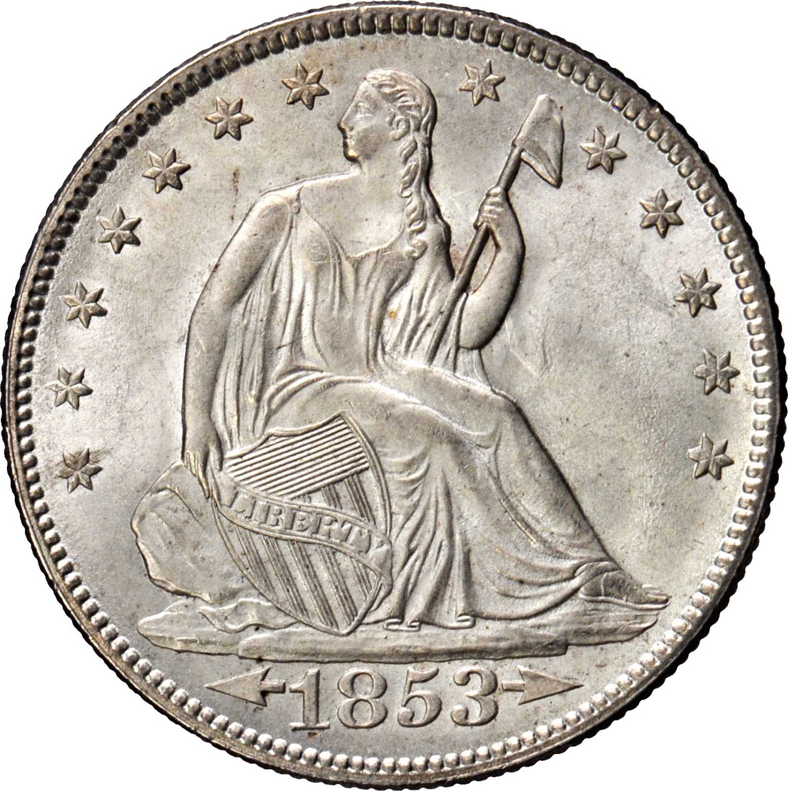 1853 Liberty Seated Half Dollar. Arrows and Rays. WB-101. MS-66+