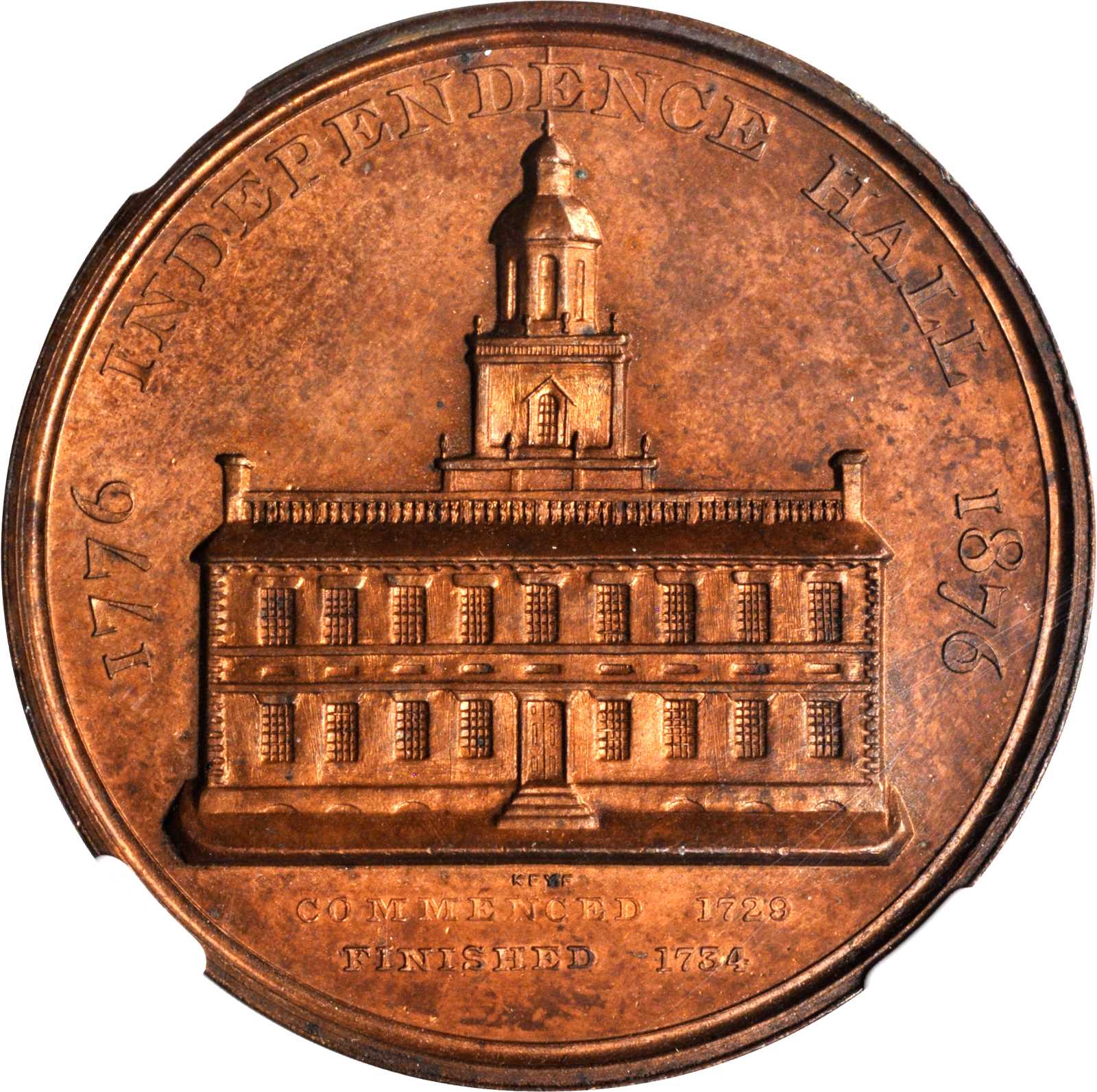 1876 U.S. Centennial Exposition. Independence Hall Dollar. Copper