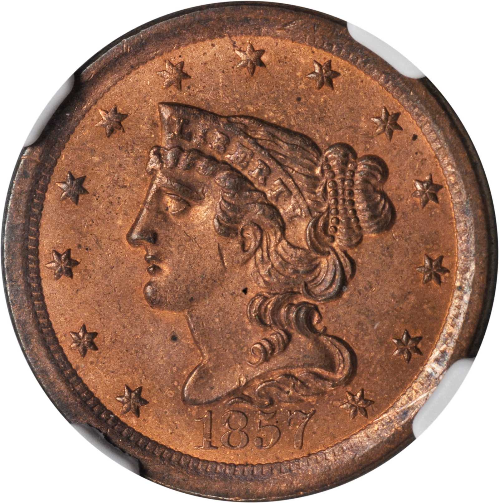 1857 Braided Hair Half Cent. C-1. Rarity-2. MS-66 RB (NGC).