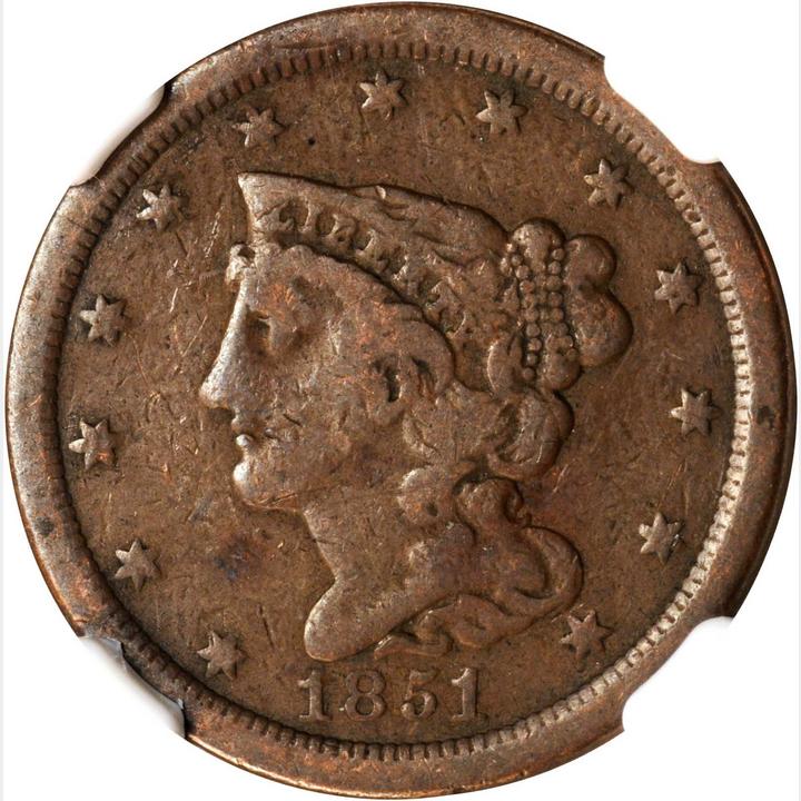 1851 Braided Hair Half Cent. C-1, the only known dies. Rarity-1. Manley Die  State 2.0. Fine-15 BN (NGC).