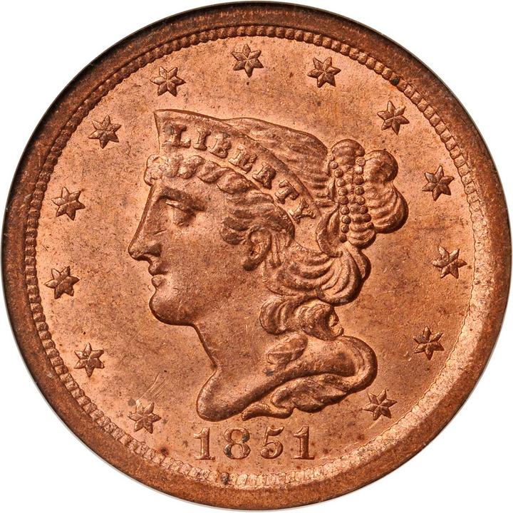 1851 Braided Hair Half Cent. C-1, B-1, the only known dies. Rarity-1. MS-64  RD (NGC).