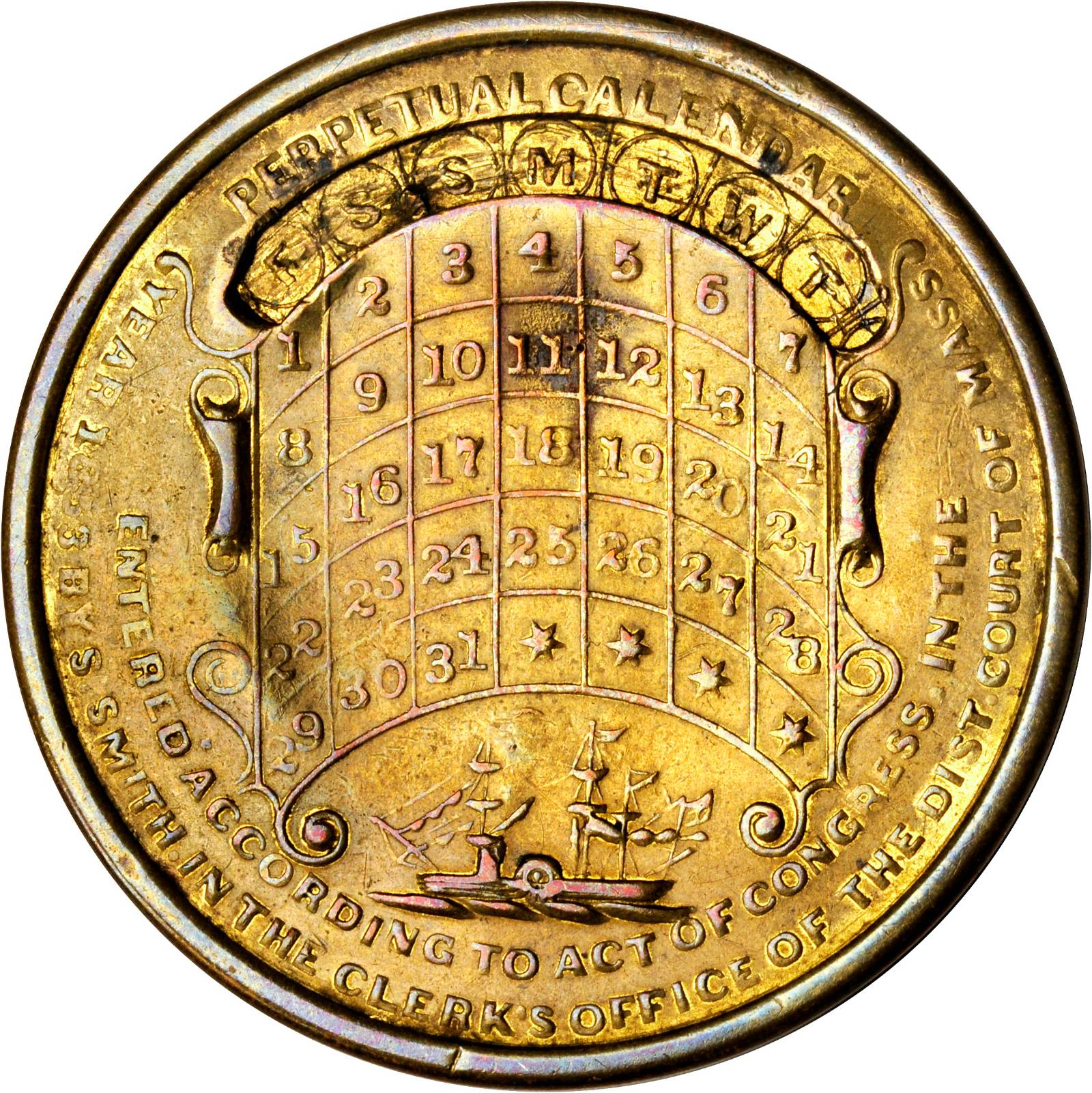 Massachusetts--Springfield. 1853 R. Paine and A.S. & W.C. Ellis Perpetual  Calendar. Rulau Mass-687. Brass. VF-20. | Stacks Bowers