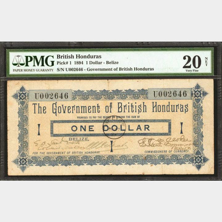 BRITISH HONDURAS. Government of British Honduras. 1 Dollar, 1894 Issue. P-1.  PMG Very Fine 20 Net. Ink Stamp. Splits, Minor Rust.
