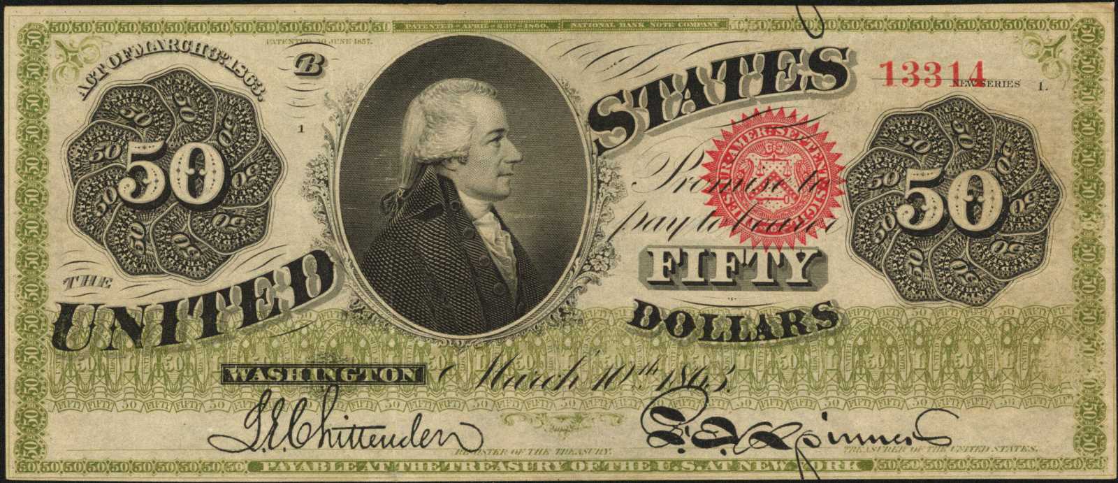 50 долларов новые и старые фото Fr. 150 (W-2773). 1863 $50 Legal Tender Note. PCGS About New 50 PPQ. Stacks Bowe