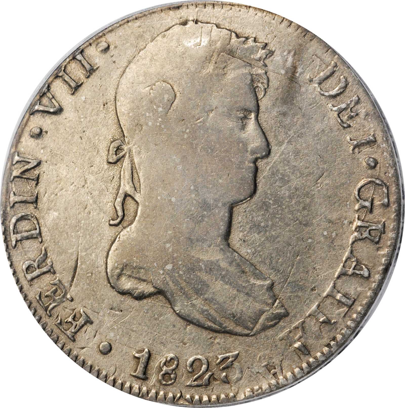 PERU. 8 Reales, 1823-L JP. Lima Mint. Ferdinand VII. PCGS VF-30