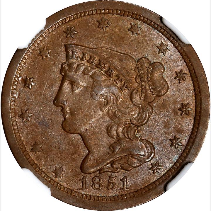 1851 Braided Hair Half Cent. C-1. AU-58 BN (NGC).