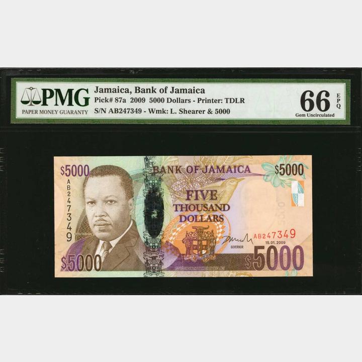 JAMAICA. Bank of Jamaica. 5000 Dollars, 2009. P-87a. PMG Gem 