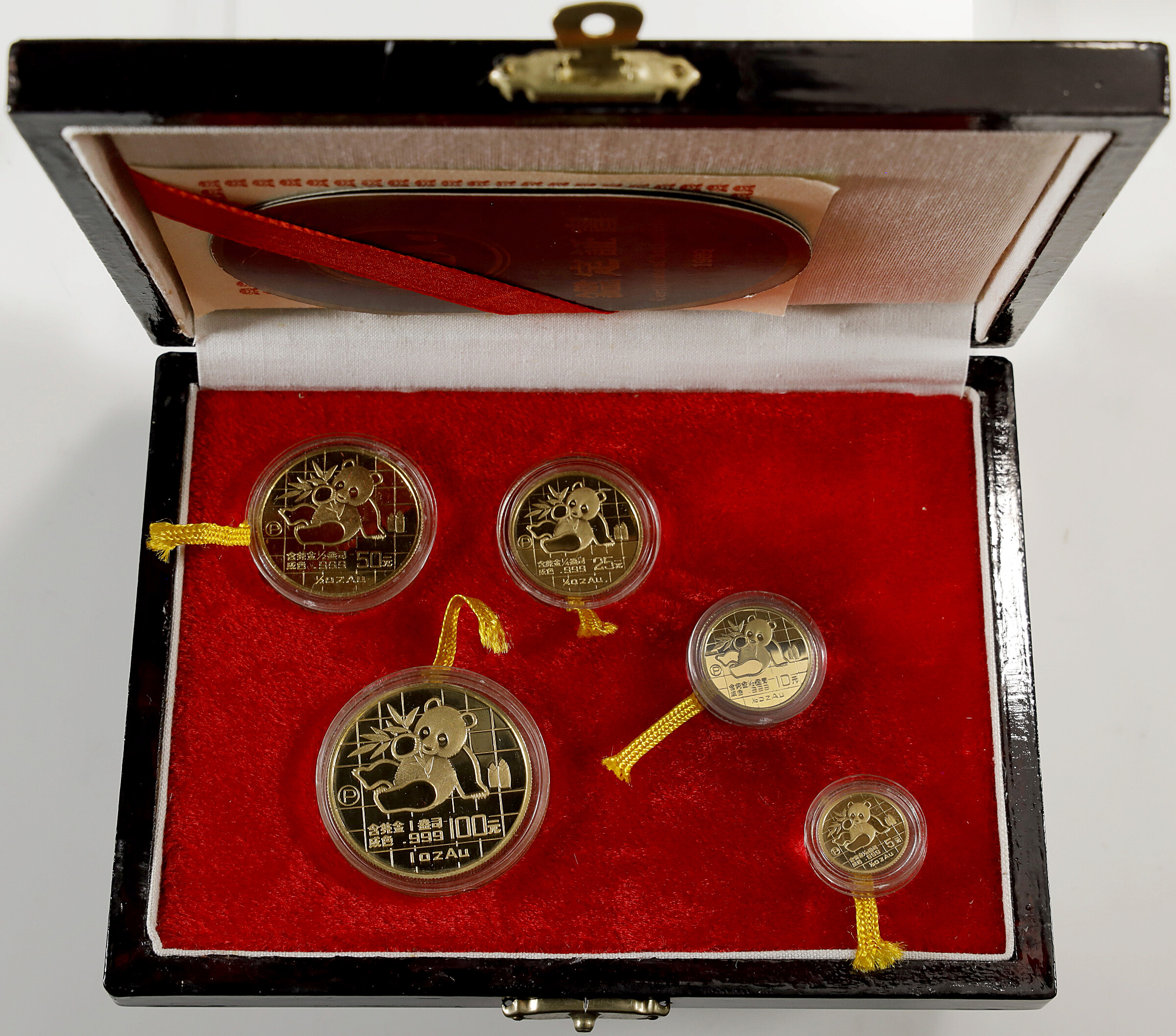 1.9 oz, 59.097 g AGW). China. 1989 Gold Panda Five Piece Coin Set