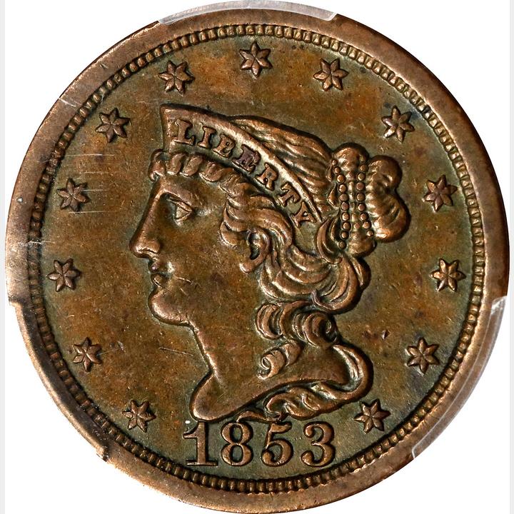 1853 Braided Hair Half Cent. C-1, the only known dies. Rarity-1
