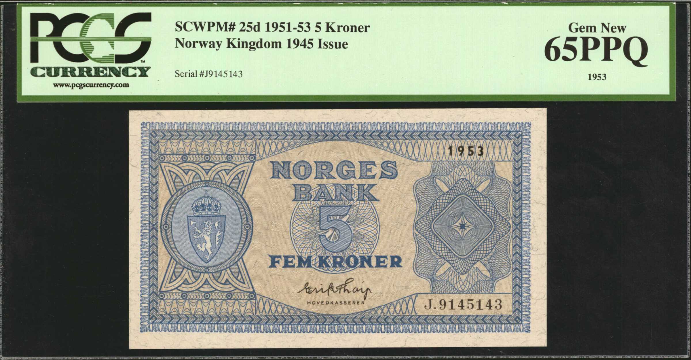 NORWAY Norges Bank 5 Kroner 1951 53 P 25d PCGS Currency Gem New 65
