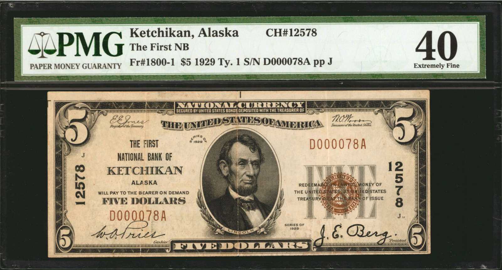 Ketchikan Alaska 5 1929 Ty 1 Fr 1800 1 The First Nb Charter Pmg Extremely Fine 40 Stacks Bowers