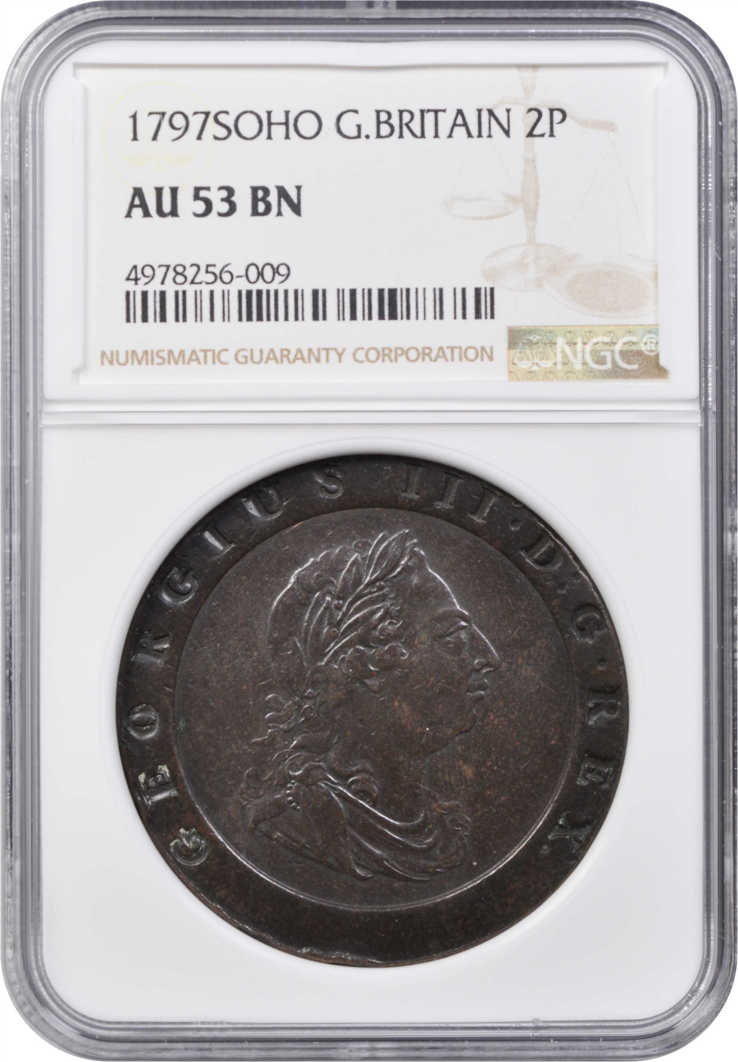 ☆1797 SOHO イギリス 2ペンス銅貨 ジョージ３世車輪銭 NGC AU DETAILS (REV SCRATCHED) - 貨幣