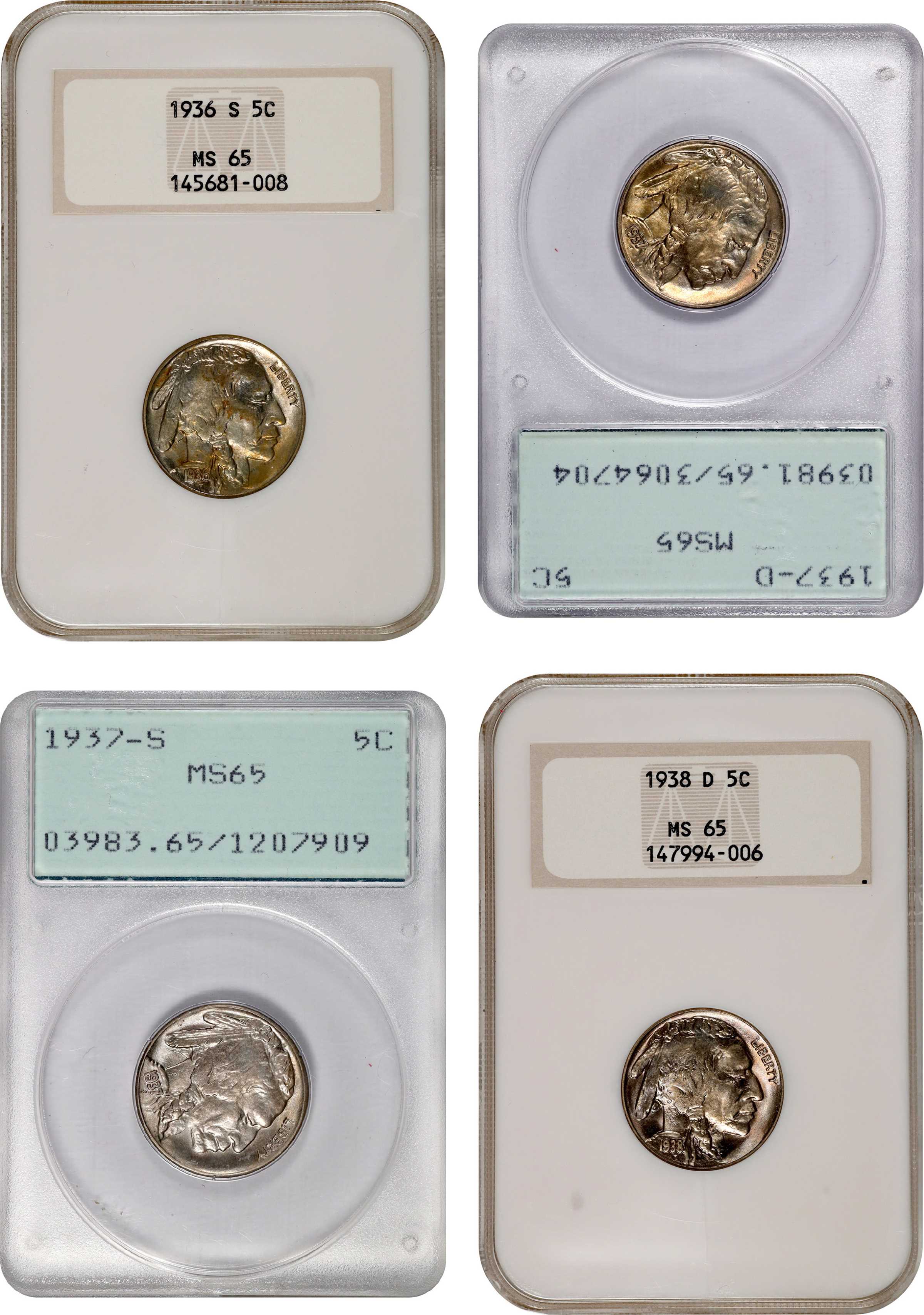 Lot of (4) Certified Mintmarked Buffalo Nickels. MS-65.