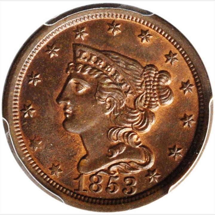 1853 Braided Hair Half Cent. MS-64 BN (PCGS). CAC.