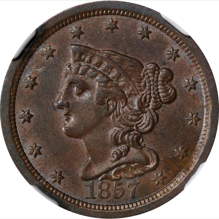 1857 Braided Hair Half Cent. C-1. MS-62 BN (NGC).