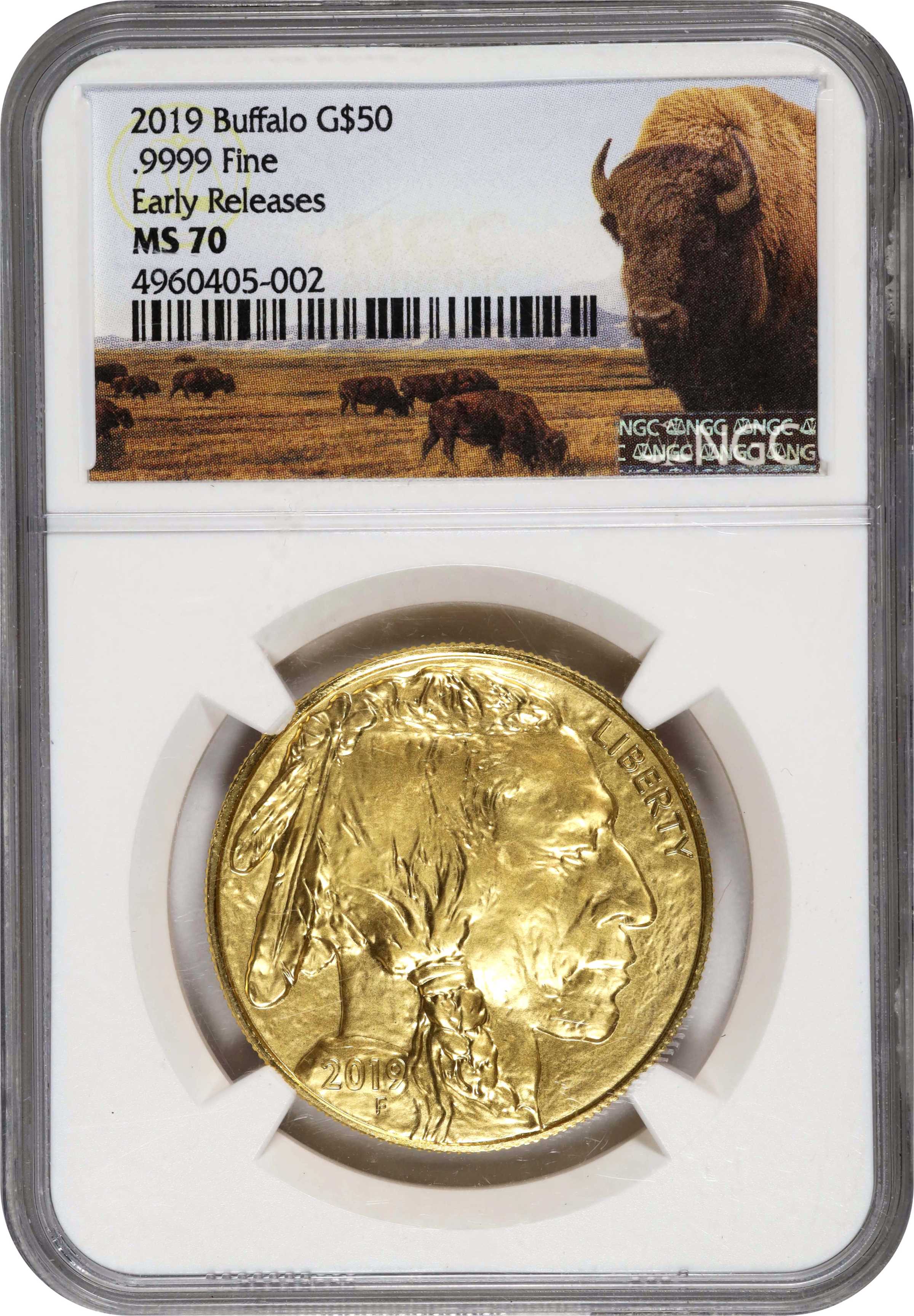 1 oz, 31.104 g AGW). 2019 American Gold Buffalo $50. MS-70 (NGC