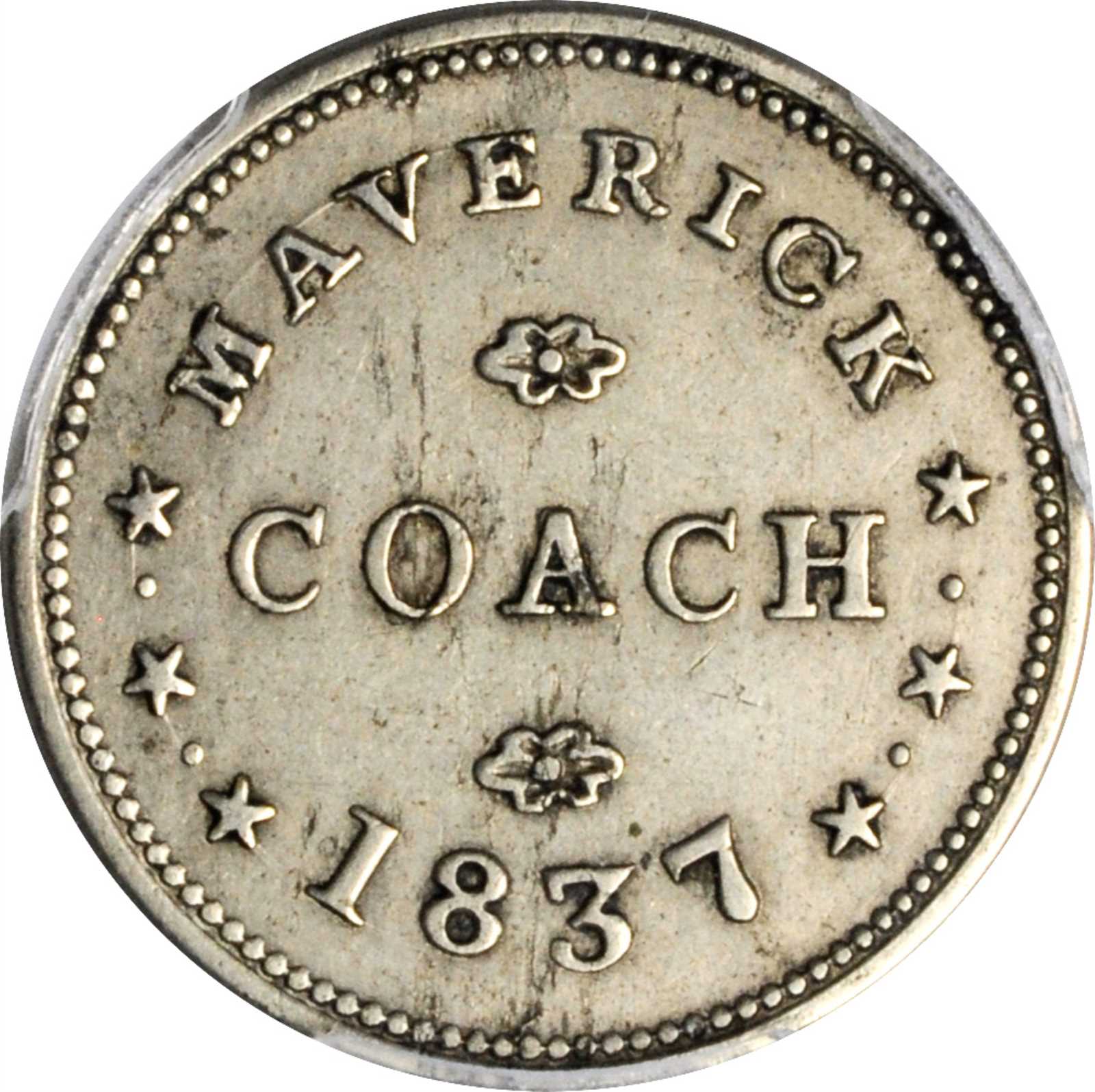 Massachusetts East Boston 17 Maverick Coach Ht 172 Low 116 W Ma 0 10j Rarity 5 German Silver Plain Edge 18 7 Mm Au 53 Pcgs Stacks Bowers