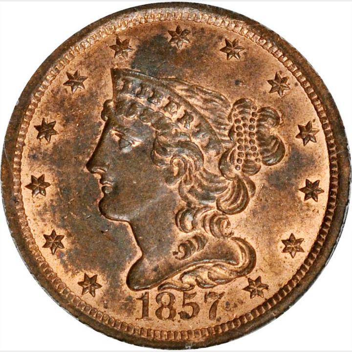1857 Braided Hair Half Cent. C-1, the only known dies. Rarity-2. MS-63 RB  (PCGS). OGH.