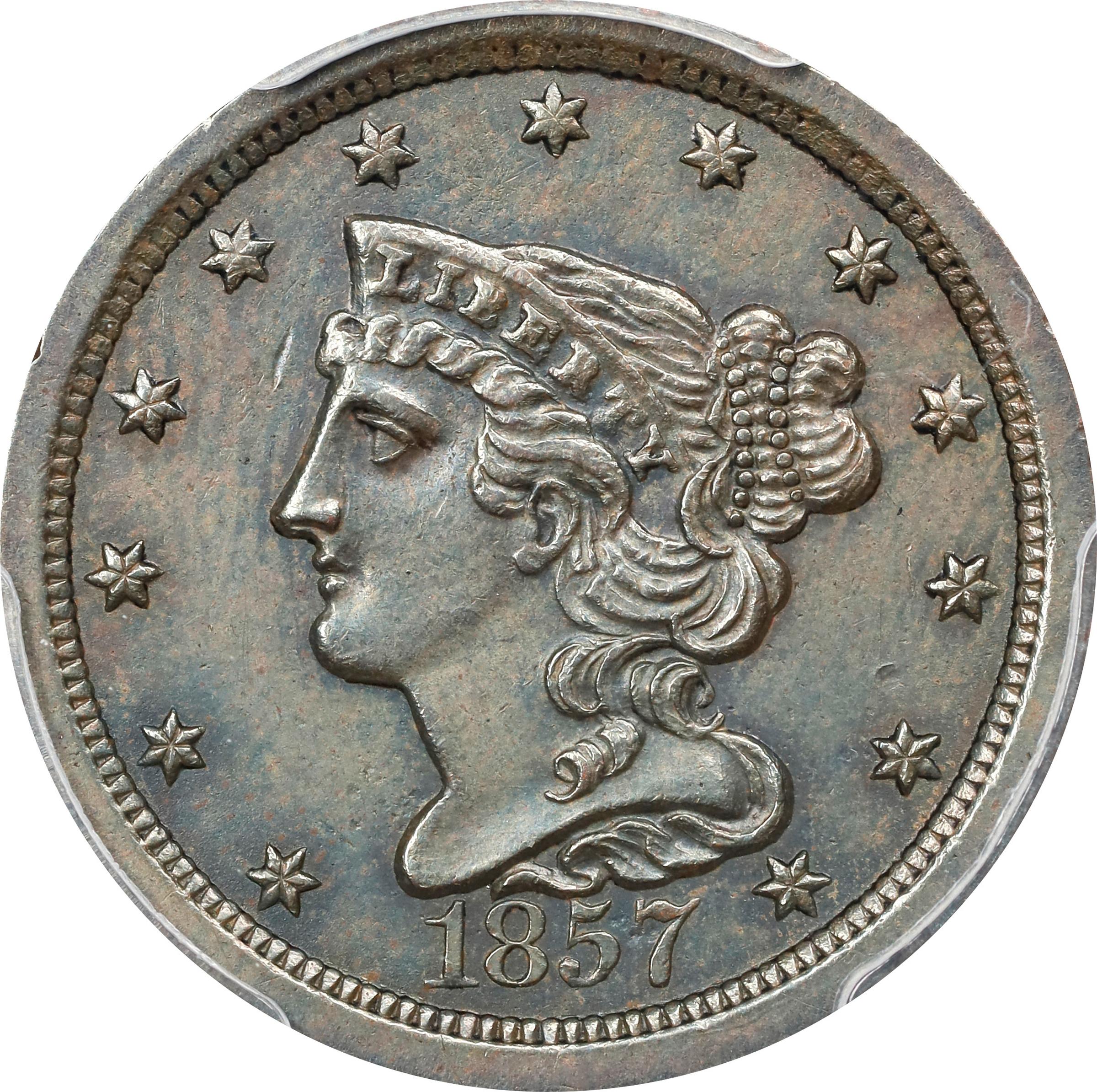 1857 Braided Hair Half Cent. C-1. Rarity-2. AU Details--Cleaned (PCGS).