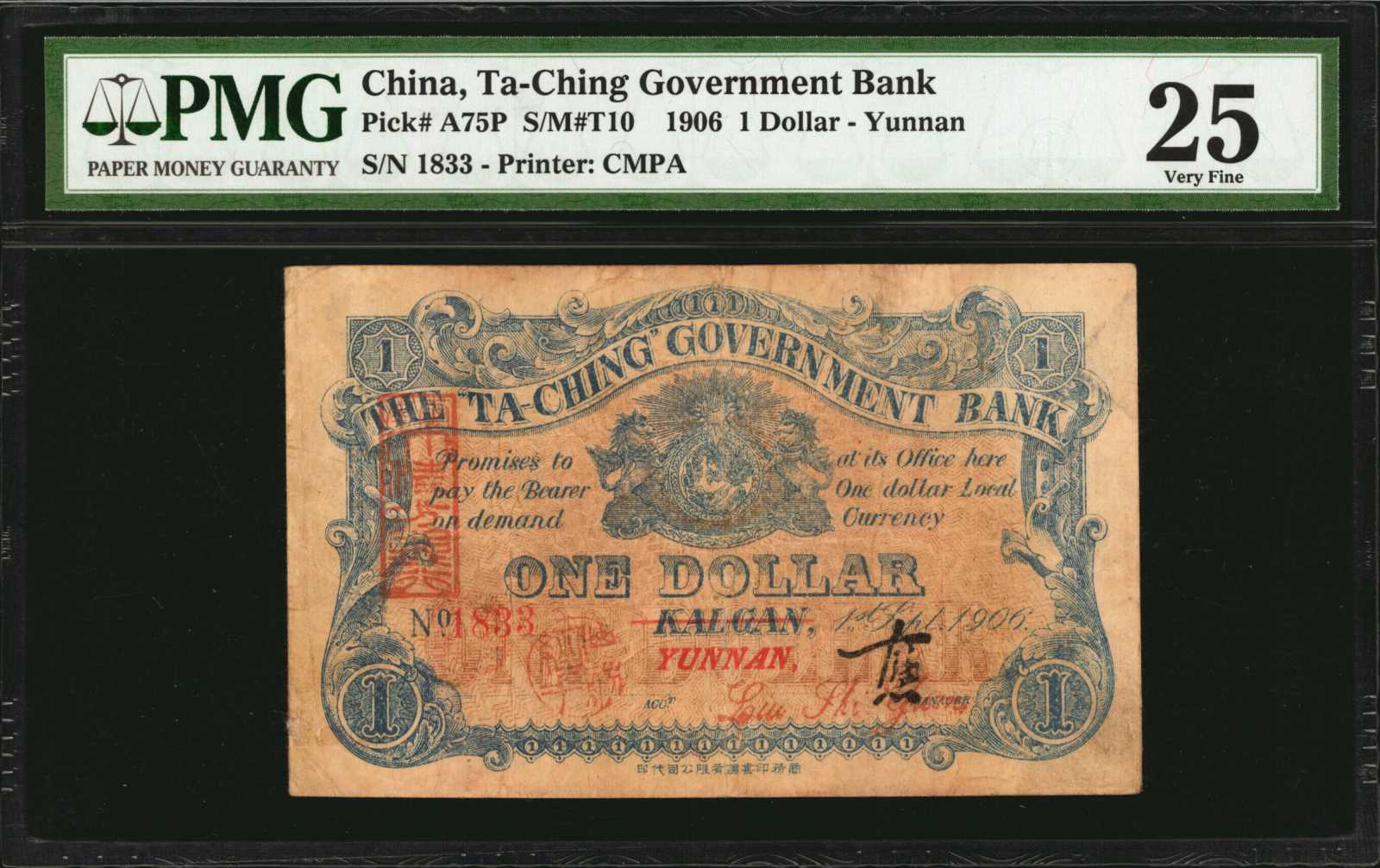 t) CHINA--EMPIRE. Ta-Ching Government Bank. 1 Dollar, 1906. P-A75P