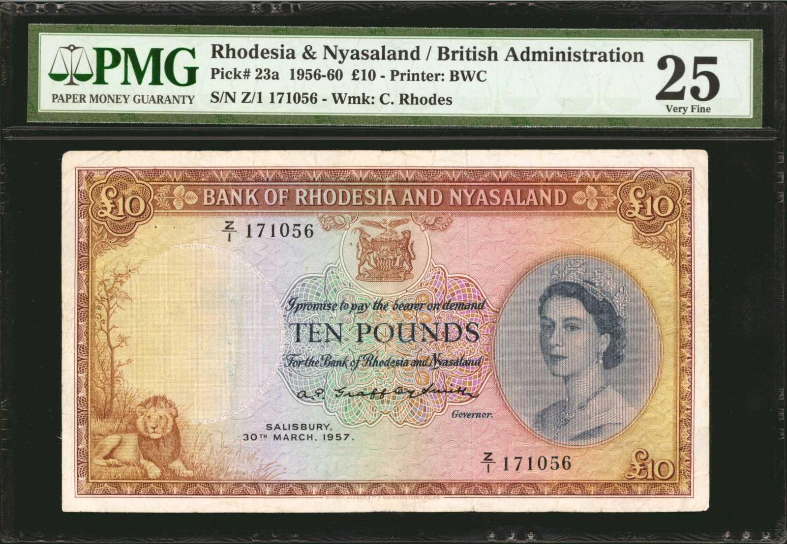 RHODESIA & NYASALAND. Bank of Rhodesia & Nyasaland. 10 Pounds 