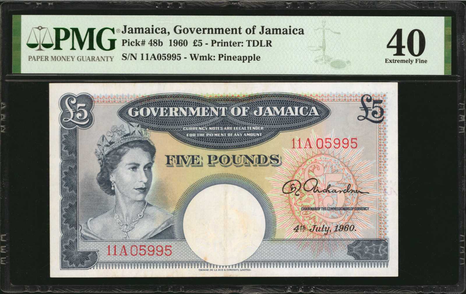 JAMAICA Government Of Jamaica 5 Pounds 1960 P 48b PMG Extremely 