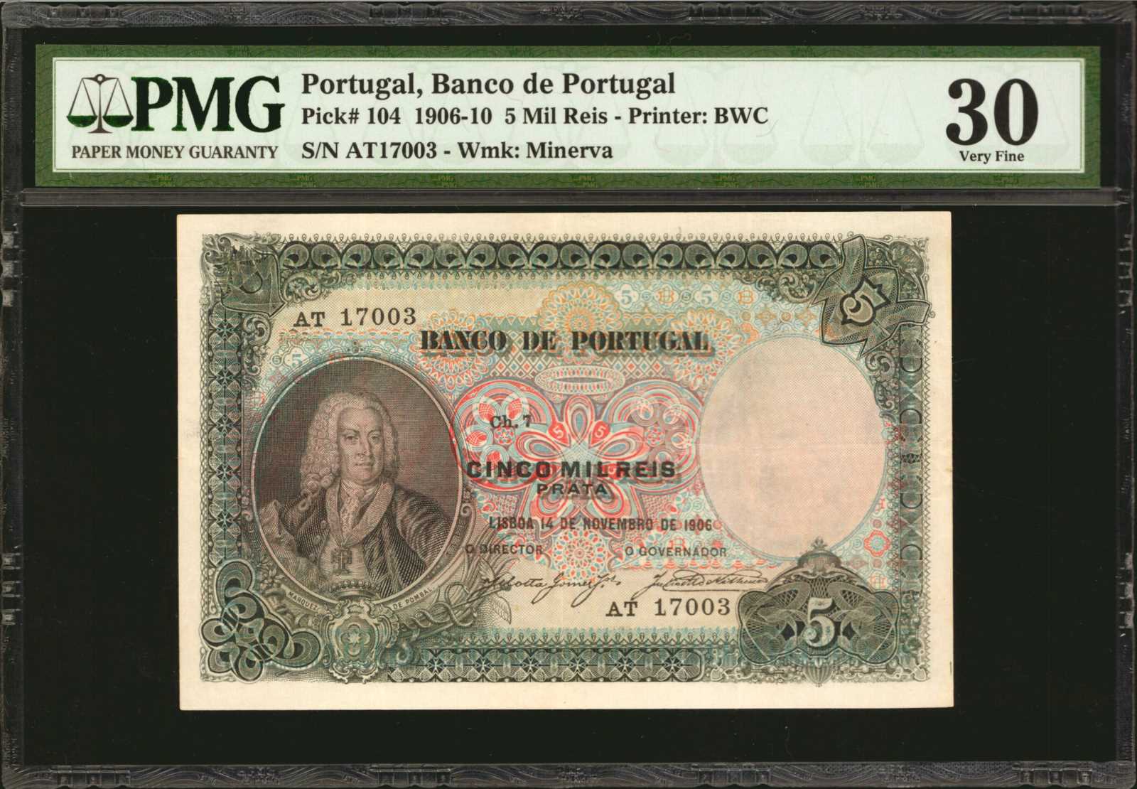 PORTUGAL. Banco de Portugal. 5 Mil Reis, 1906-10. P-104. PMG Very