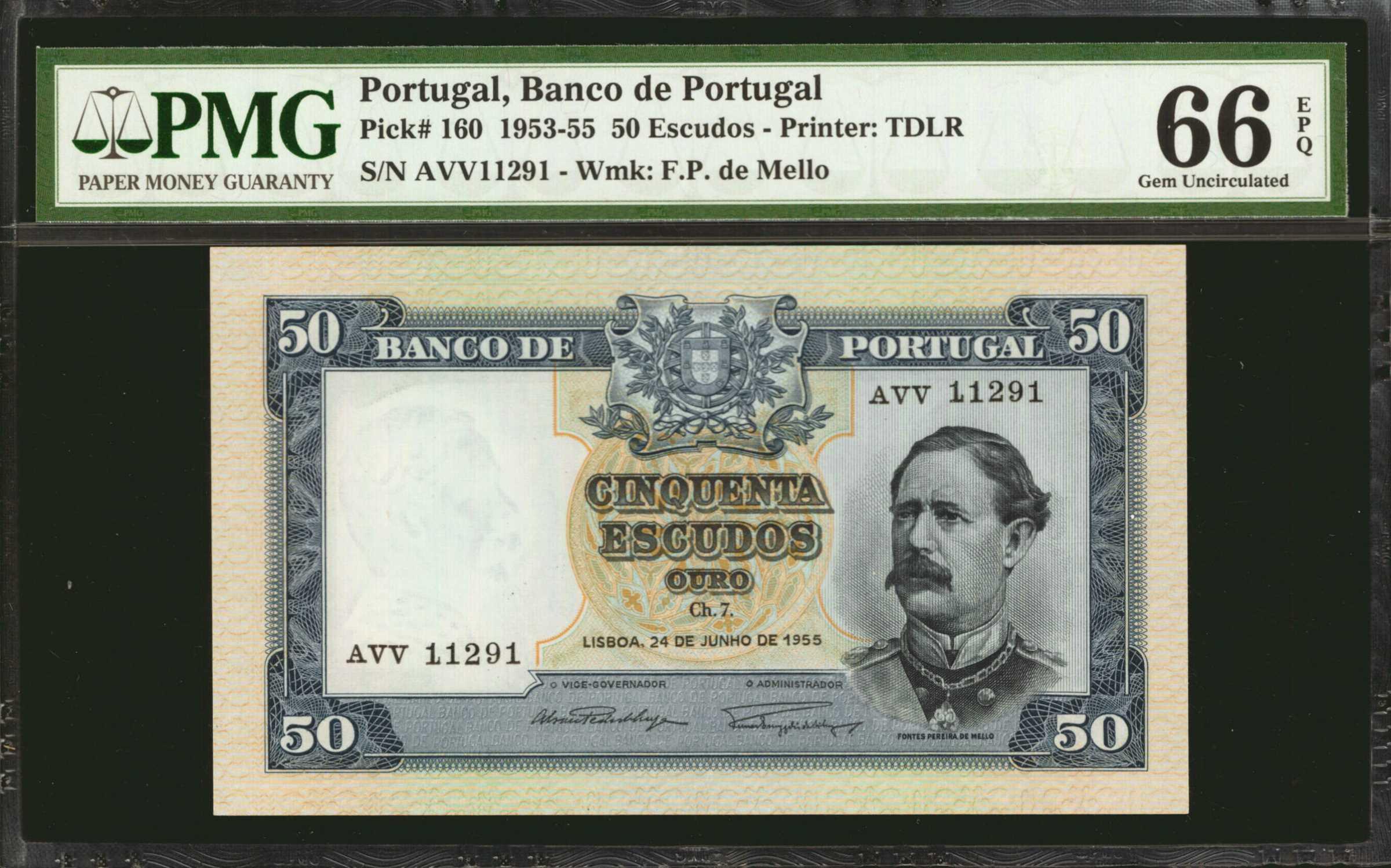 PORTUGAL. Banco de Portugal. 50 Escudos, 1953-55. P-160. PMG Gem ...