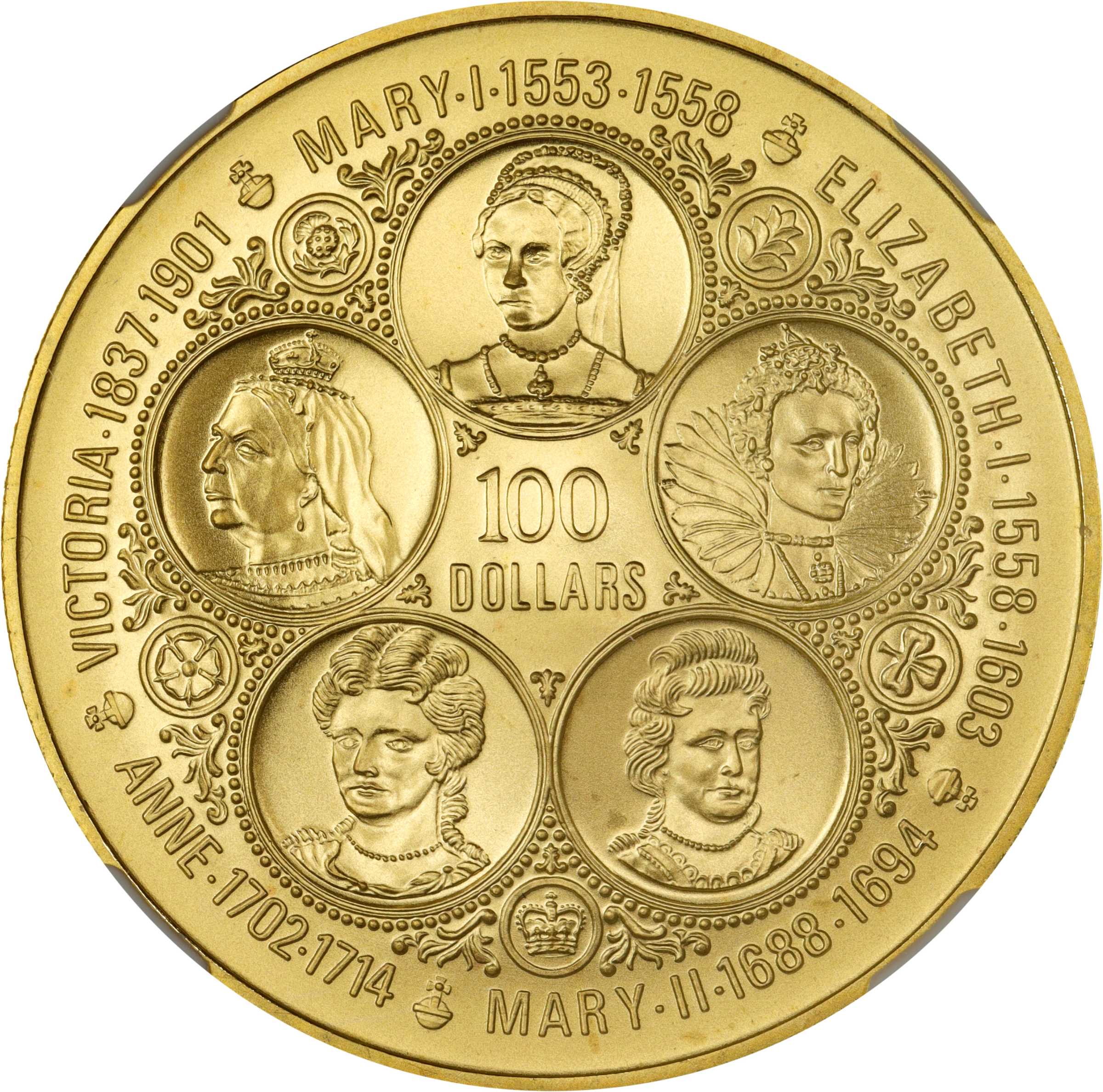 ケイマン諸島英国女王5人像100ドル金貨 1975年