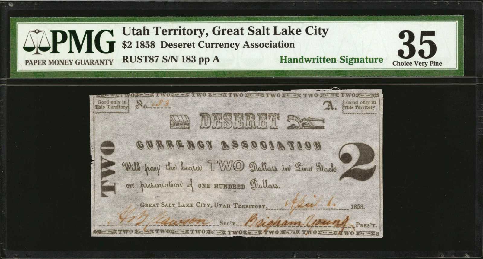 Great Salt Lake City Utah Territory Deseret Currency Association April 1 1858 2 Pmg Choice Very Fine 35 Hoffman Forgery Stacks Bowers