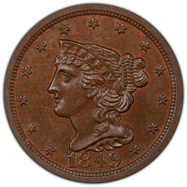 1849 Braided Hair Half Cent. C-1. Rarity-2. Large Date. MS-65 BN