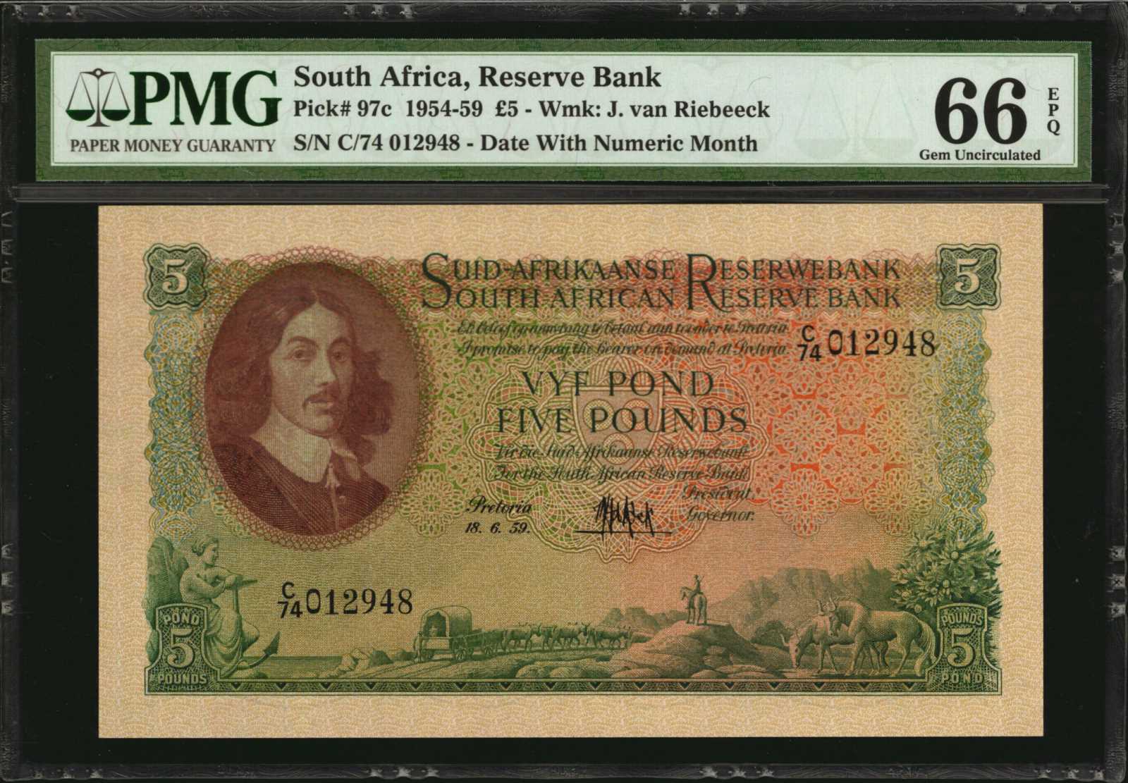 SOUTH AFRICA. South African Reserve Bank. 5 Pounds, 1954-59. P-97c