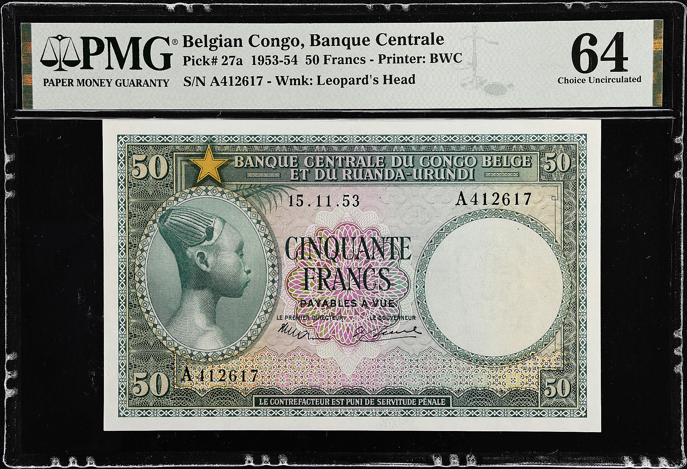 BELGIAN CONGO. Banque Centrale du Congo Belge et du Ruanda-Urundi. 50 Francs