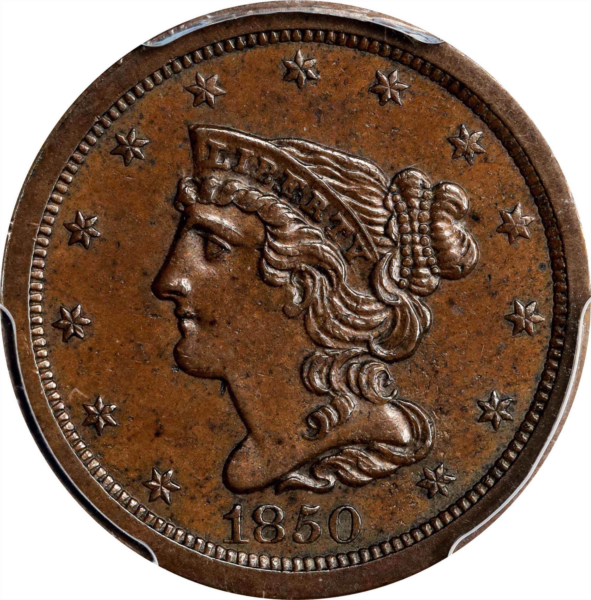 1850 Braided Hair Half Cent. C-1, the only known dies. Rarity-2. AU-55 ...