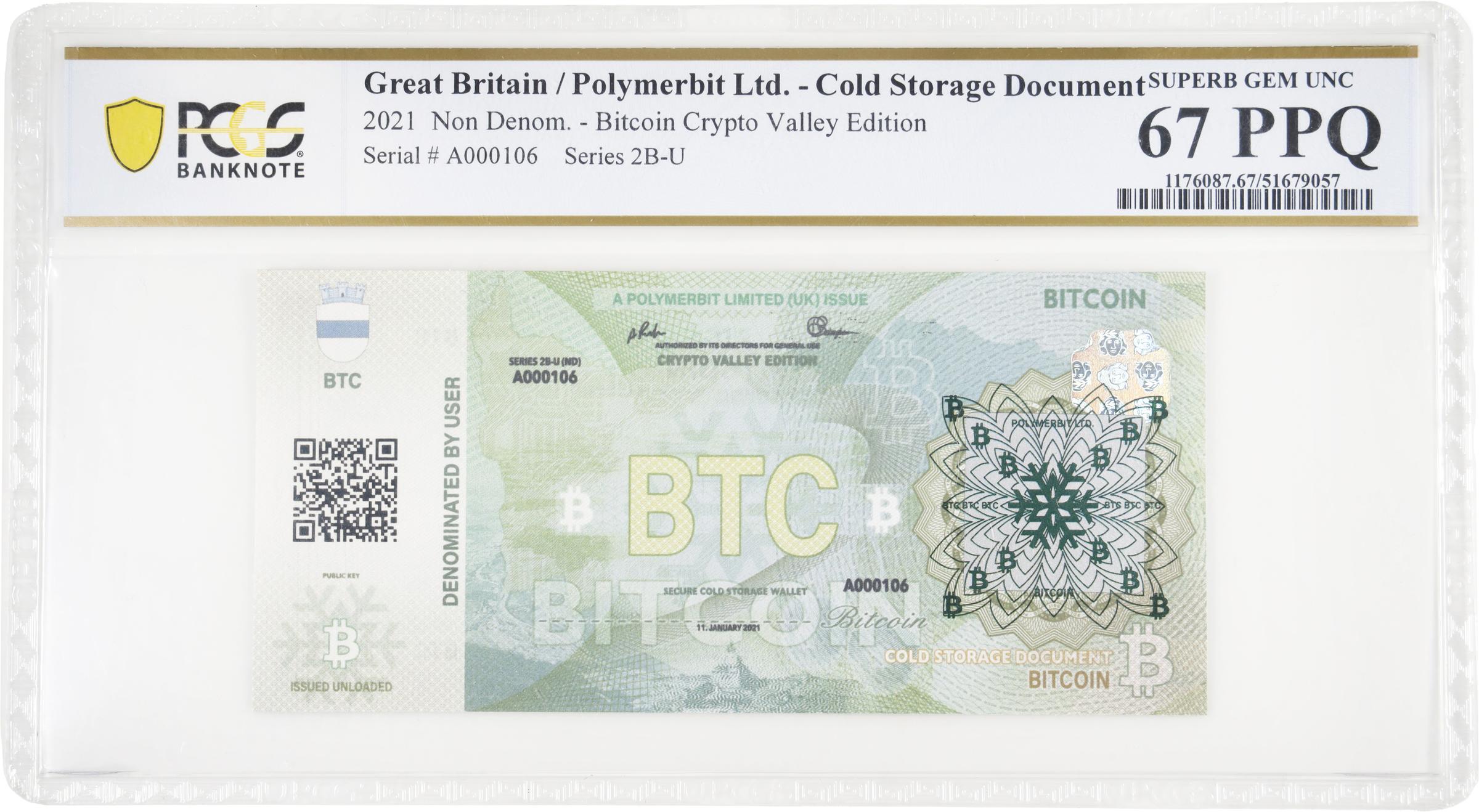 2021 Polymerbit 0.002 Bitcoin Banknote. Loaded. Crypto Valley Edition.  Serial No. A000106. Series 28-U (ND). Superb Gem Uncirculated 67 ... |  Stacks Bowers