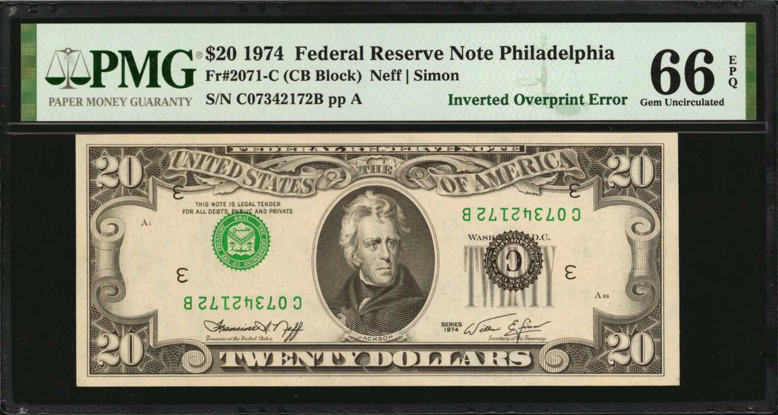 Fr. 2071-C. 1974 $20 Federal Reserve Note. Philadelphia. PMG Gem