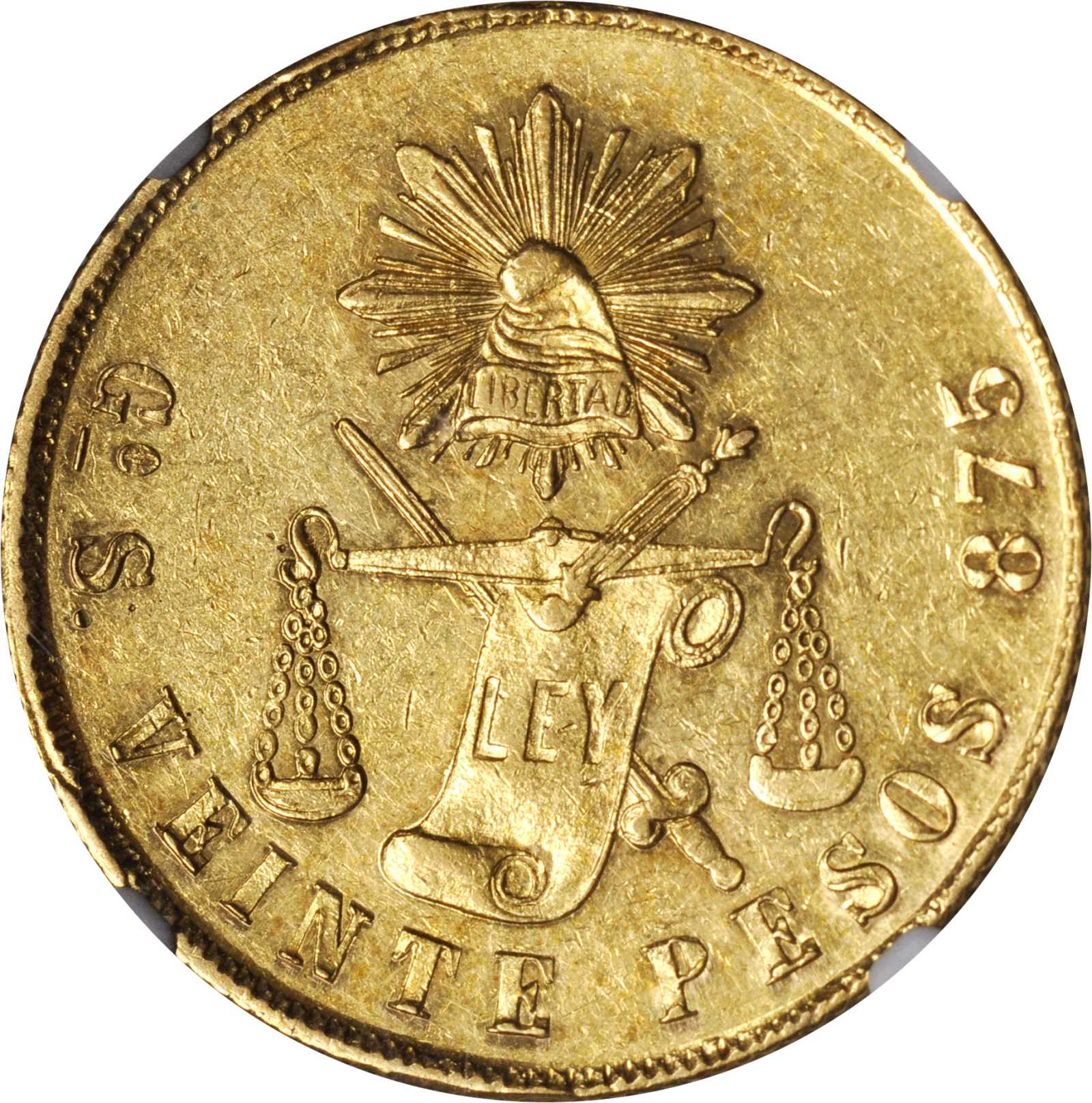 MEXICO. 20 Pesos, 1875-Go S. Guanajuato Mint. NGC AU-58. | Stacks 