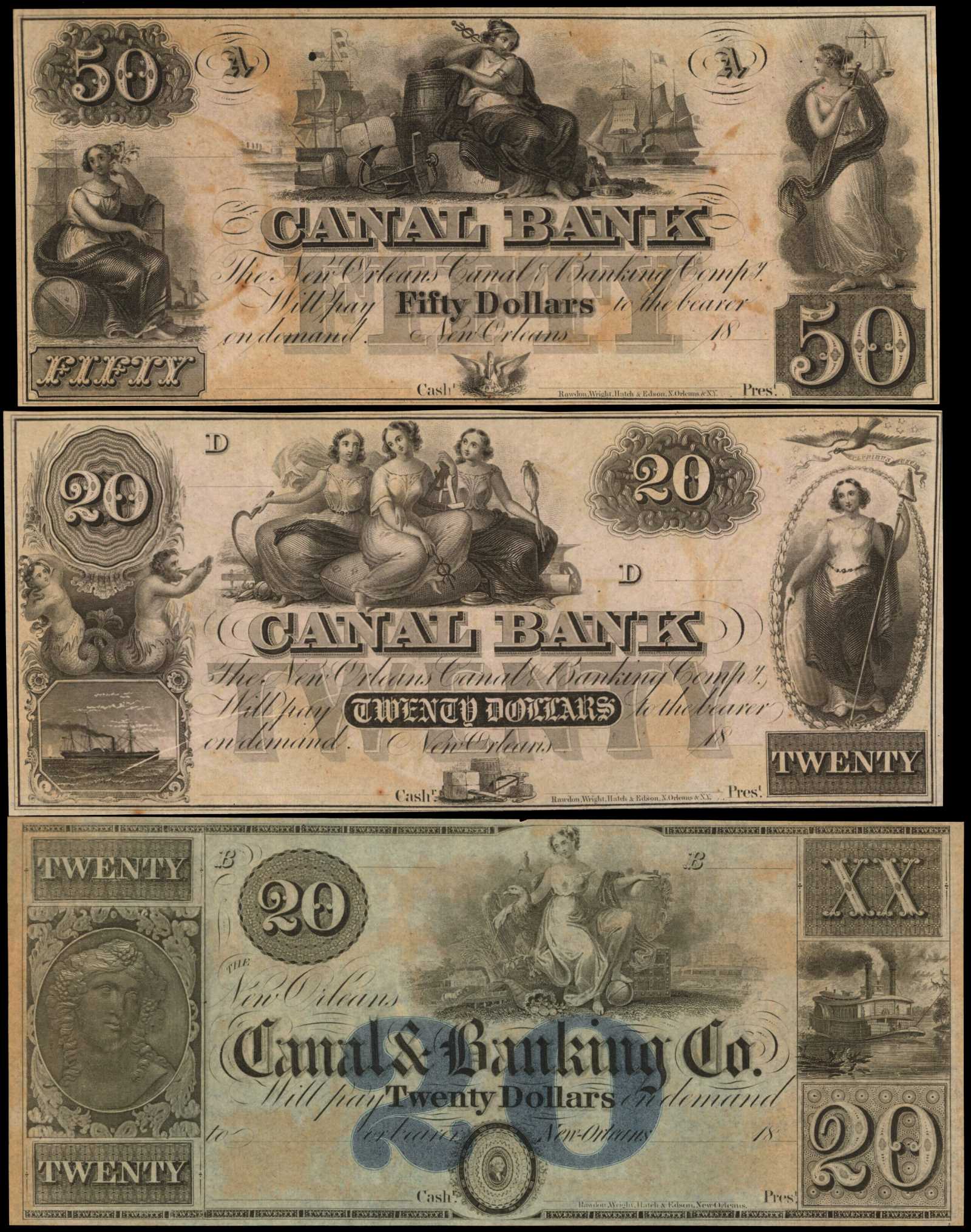 Lot of (3) New Orleans, Louisiana Obsolete Notes. 18xx. $20 & $50 