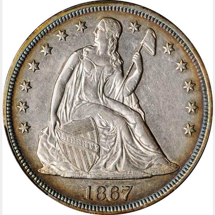 1867 Liberty Seated Silver Dollar. OC-1. Rarity-2. Repunched Date