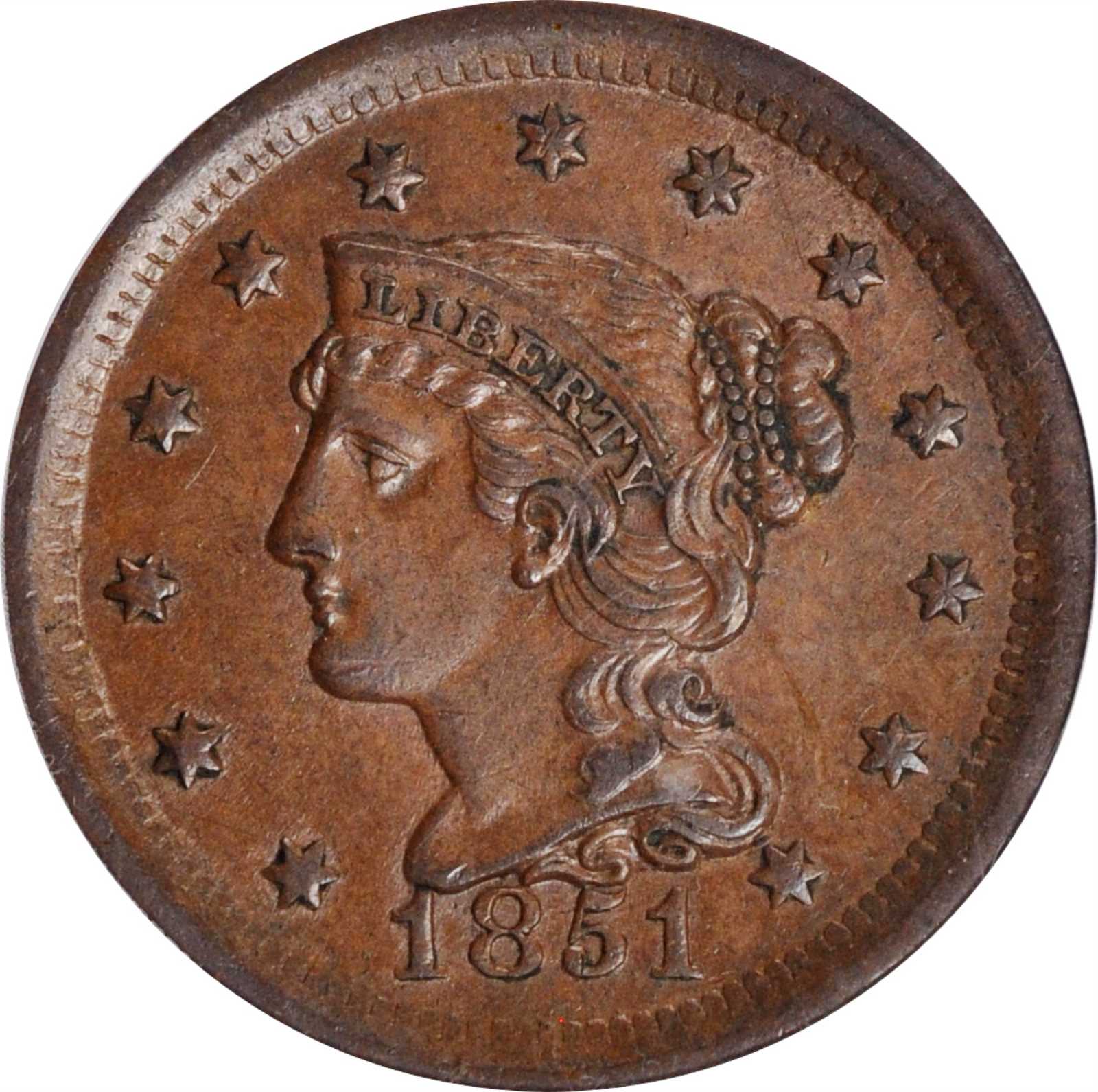 1851 Braided Hair Large Cent CLOSELY UNCIRCULATED for sale at auction on  21st January