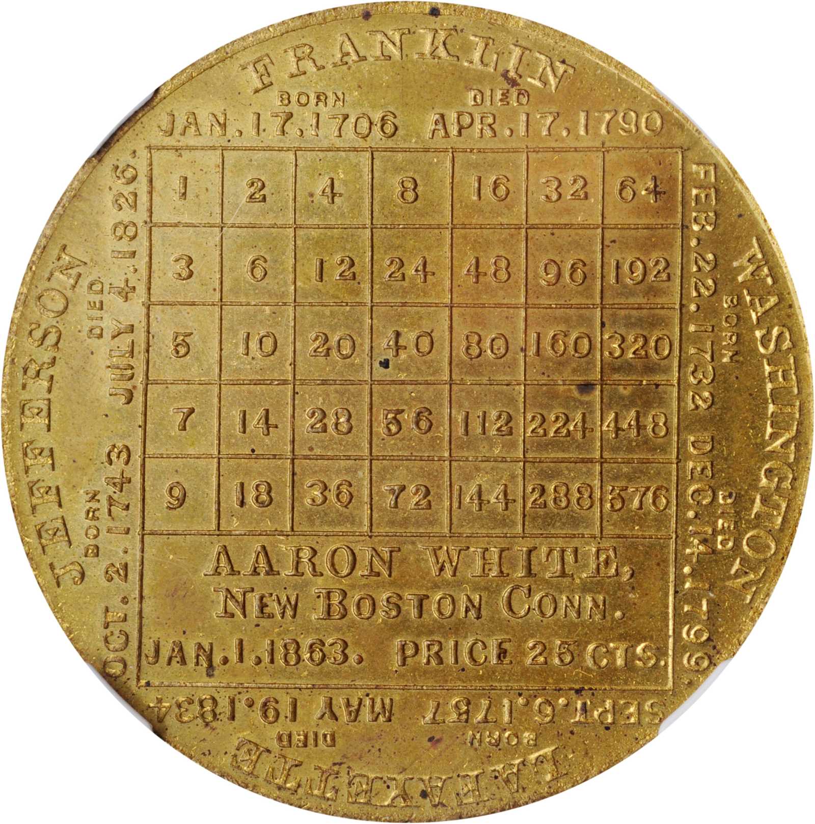 Connecticut--New Boston. 1863 Aaron White Patriotic Calendar Medal  