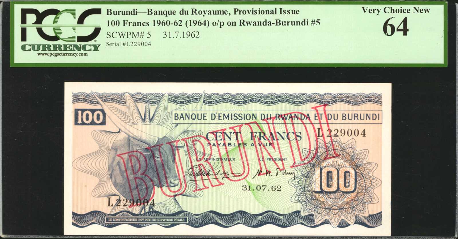 BURUNDI. Banque d'Emission du Rwanda et du Burundi. 100 Francs