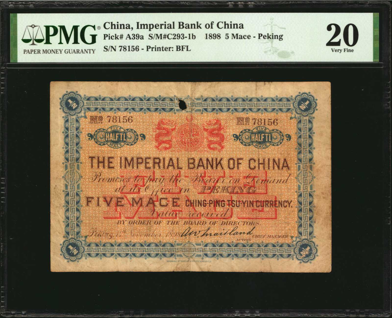 t) CHINA--EMPIRE. Imperial Bank of China. 5 Mace, 1898. P-A39a