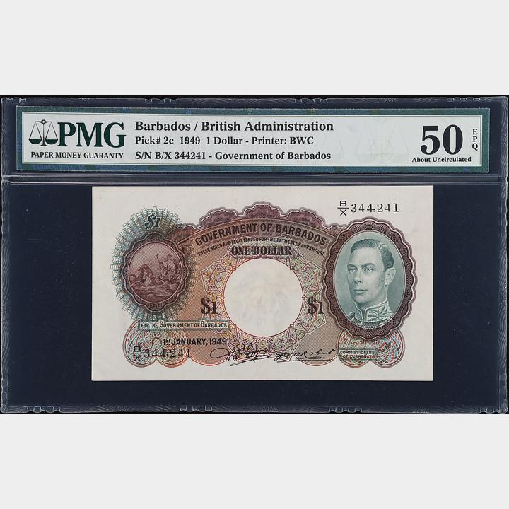 BARBADOS. Government of Barbados. 1 Dollar, 1949. P-2c. PMG Choice About  Uncirculated 58 EPQ.