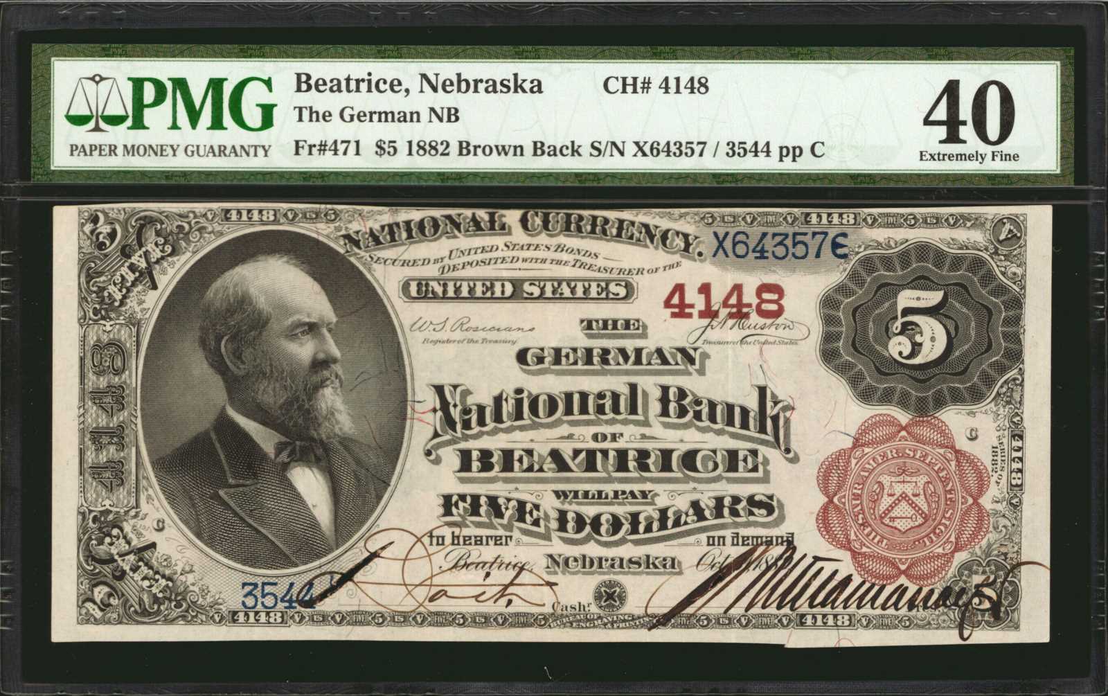 Beatrice Nebraska. 5 1882 Brown Back. Fr. 471. The German NB