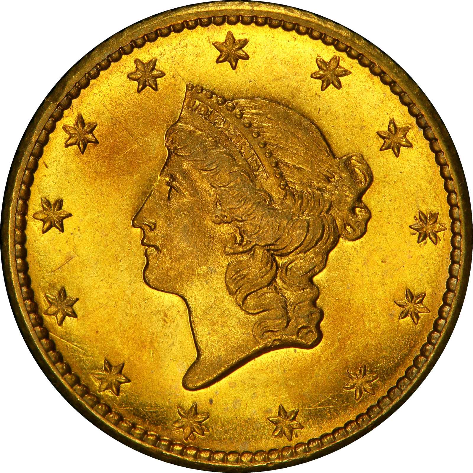 1849 Gold Dollar. Open Wreath, No L. Dannreuther-1. Normal Stars